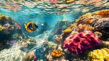97. "A colorful reef fish darting among the vibrant coral formations in clear tropical waters.