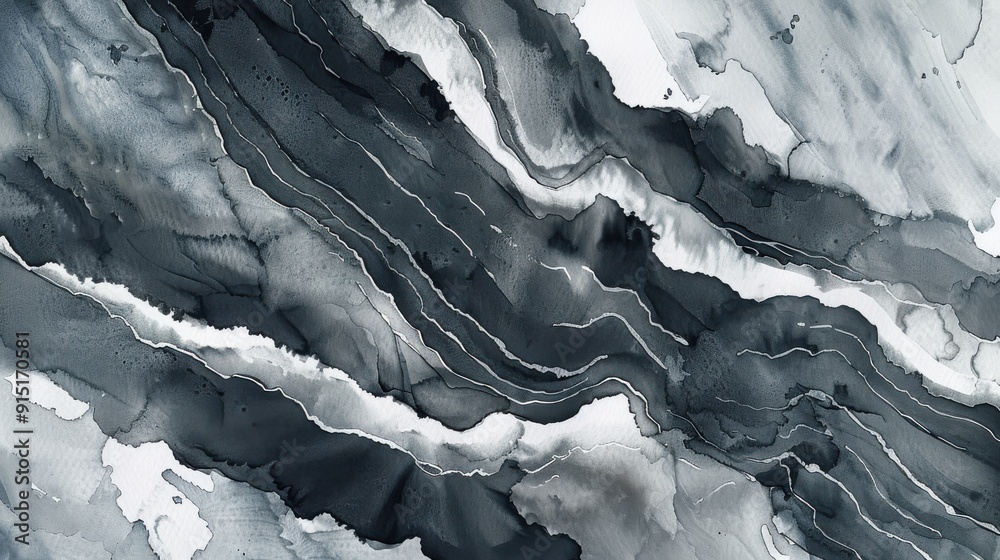 Poster A close-up image of an abstract design created using black and white ink. The ink has been swirled and blended to create a marbled effect with swirling, fluid lines and shapes.