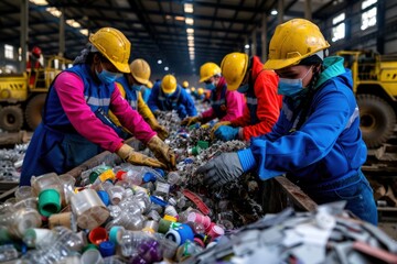 Industrial workers wearing safety gear actively sort recyclable materials, such as plastic bottles and metal, on a conveyor belt in a large recycling plant facility.