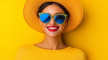 A woman wearing a yellow hat and sunglasses is smiling. She is wearing a red lipstick and has a blue and green pair of sunglasses
