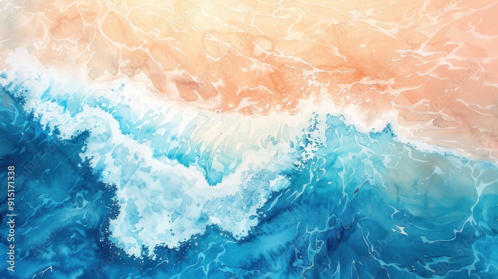 Poster a watercolor painting depicting an aerial view of ocean waves crashing onto a sandy beach. the image