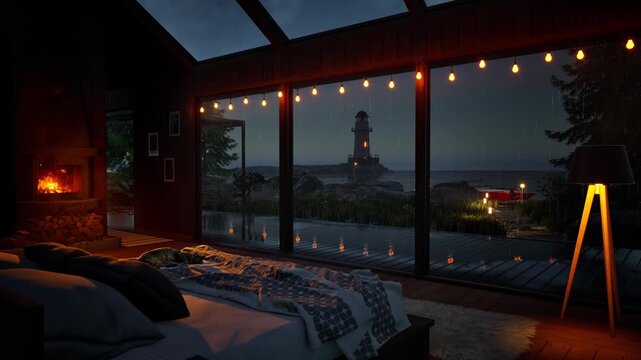 Cozy, warm atmosphere in the house near a burning fireplace overlooking the sea lagoon with a lighthouse on a rainy day. 3D animation.