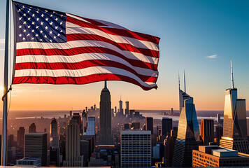 american flag flies high bustling city skyline