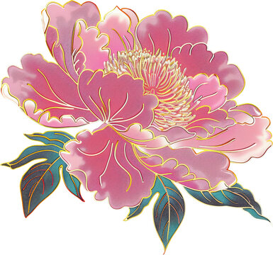 pink peony flower with gold outline clip art preview