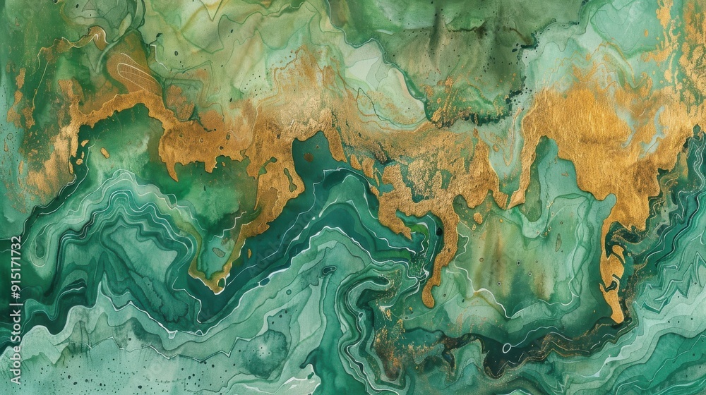 Poster A close-up image of a swirling pattern of green and gold paint, resembling marble. The image is abstract and artistic, with smooth, flowing lines creating a mesmerizing effect.