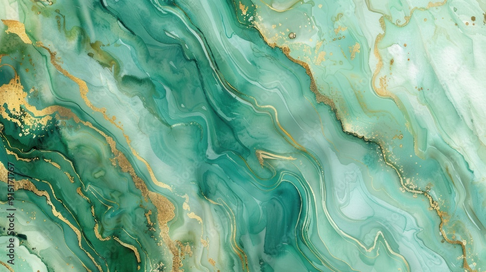 Poster A close-up image of a swirling, abstract marble pattern. The background is a vibrant green color with accents of gold, creating a luxurious and elegant aesthetic.