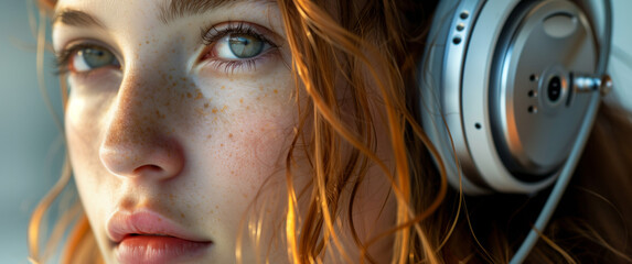 Obraz premium A stunning close-up portrait of a woman with red hair and freckles, wearing large, silver headphones. 