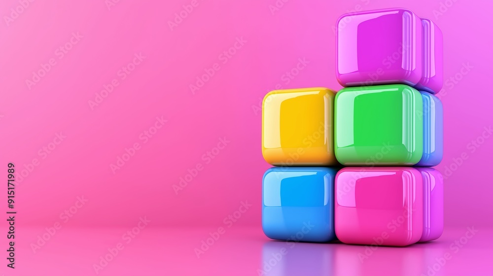 Poster a stack of colorful cubes on a pink background. the cubes are arranged in a pyramid shape, with the 