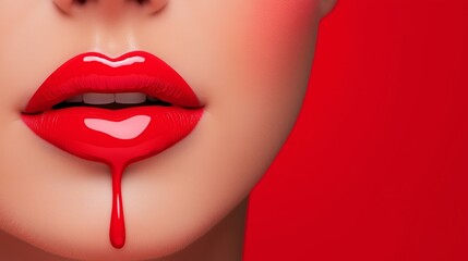 Fototapeta premium A woman's lips are painted red with a dripping lip gloss. Concept of glamour and sophistication, as the woman's lips are the focal point of the image