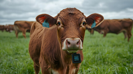 A Brown Cow Wearing an Artificial Intelligence Device on Its Ear in a Field, Showcasing Agricultural Technology Integration