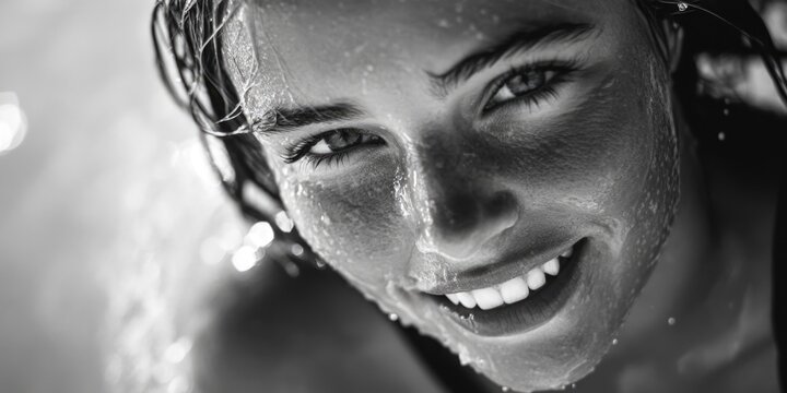 Fototapeta A black and white photo of a woman floating or standing in the water, possibly for contemplation or reflection