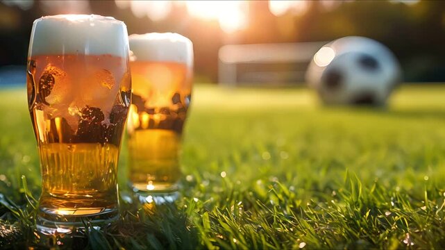Two glasses of beer and a soccer ball on a grassy field with a goal in the background.
