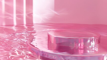 Clear pink water backdrop with podium reflections, top view, beauty mock-up