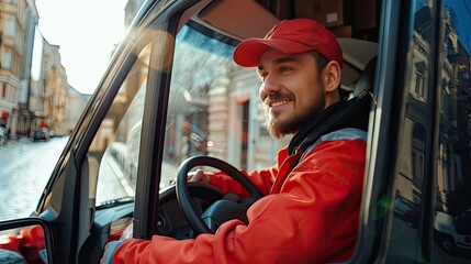 Naklejka premium Delivery driver uniform handing package to customer, smiling, standing beside a van