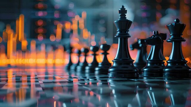 Black chess pieces stand on a board against a backdrop of colorful lights.  A metaphor for strategy, competition, and business success.