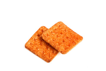 A stack of crackers with beef floss flavor. Isolated on white background. Perfect for design element, product packaging, promotion, or any commercial purposes.