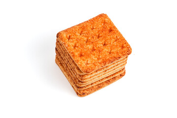 A stack of crackers with beef floss flavor. Isolated on white background. Perfect for design element, product packaging, promotion, or any commercial purposes.
