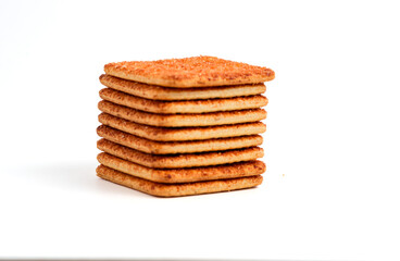 A stack of crackers with beef floss flavor. Isolated on white background. Perfect for design element, product packaging, promotion, or any commercial purposes.