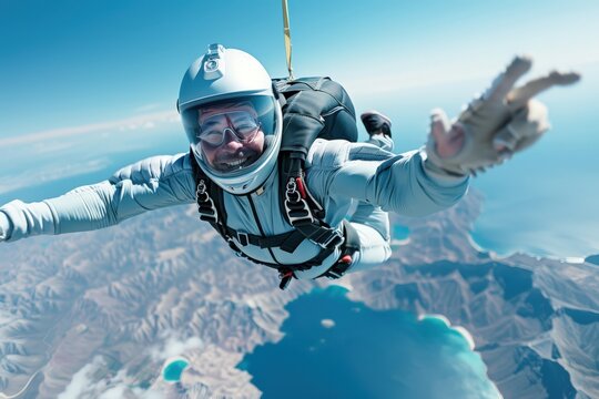 A thrilling action shot of a skydiver in full gear descending towards a stunning coastal landscape with clear blue skies and turquoise waters, capturing an adventurous spirit and freedom.