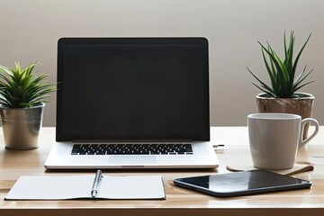 Fototapeta premium A clean and organized desk with a laptop, a notepad, and a cup of coffee, set against a plain backdrop