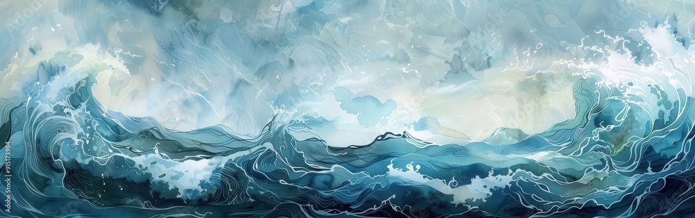 Poster the illustration depicts a scene of turbulent ocean waves crashing beneath a cloudy sky. the waves a