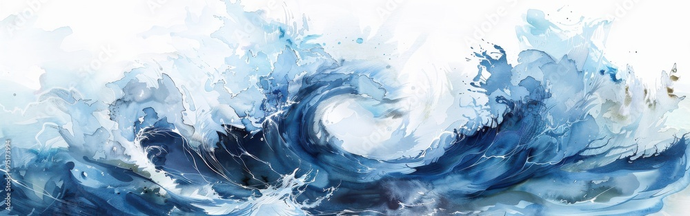 Poster the image shows a large, abstract blue wave painted in watercolor against a white background. the wa