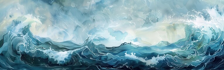 Obraz premium The illustration depicts a scene of turbulent ocean waves crashing beneath a cloudy sky. The waves are drawn in a watercolor style, with shades of blue, green, and white. The sky is a lighter blue, wi