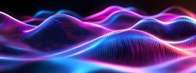 Fototapeta premium Abstract background with neon glowing wavy lines on black, gradient from blue to pink, modern design element for banner or poster