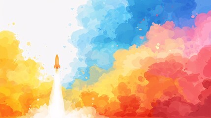 An abstract painting capturing a rocket launch, surrounded by a burst of vibrant colors in the sky, symbolizing dreams, aspirations, and limitless possibilities, blending art and innovation.