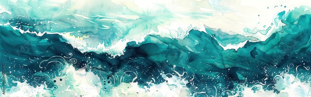 Poster an abstract watercolor painting depicts turquoise ocean waves crashing with white foam, creating a s