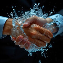 Fototapeta premium Two businessmen shaking hands with a dramatic water splash against a dark background, symbolizing a clean partnership.