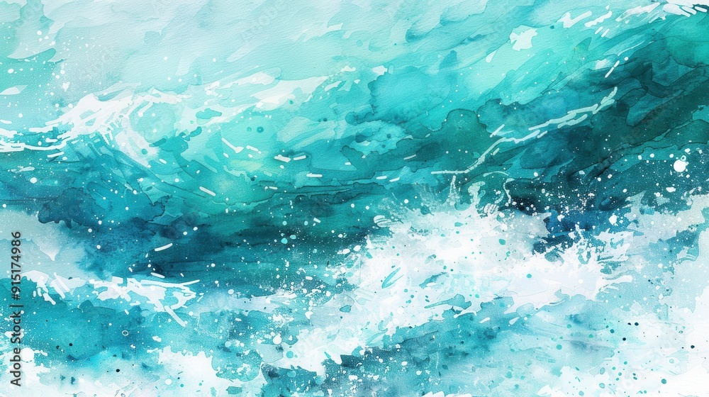 Poster a vibrant watercolor painting depicts a turquoise ocean scene. white splashes of paint mimic crashin
