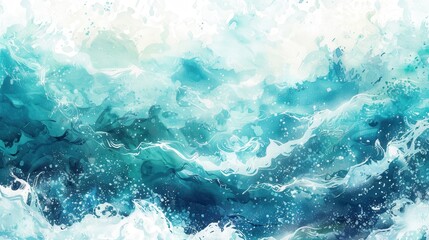 An abstract watercolor painting depicting a turbulent ocean scene with blue and white hues. The painting captures the movement and energy of the waves with flowing lines and splashes of color.