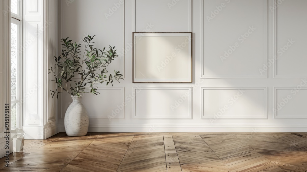 Poster Classic white wall, brown parquet flooring, home decor, framed art, and plant vase.