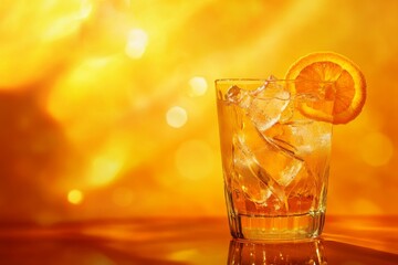 Refreshing Tropical Cocktail Illuminated by Warm Sunshine, with Ice Cubes and Orange Slices on a Vibrant Orange Background - A Taste of Summer
