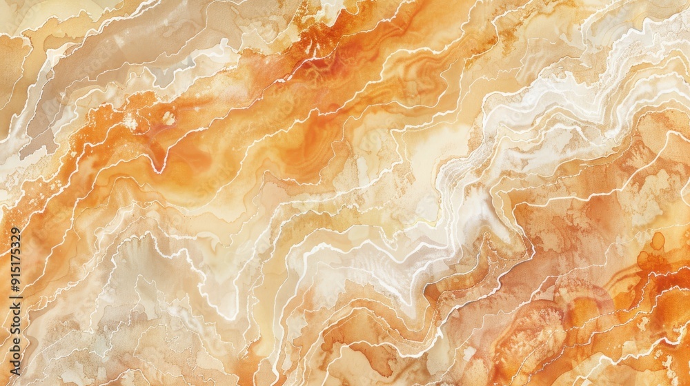 Poster a close-up of a smooth, polished marble surface with a swirling, abstract pattern in shades of orang