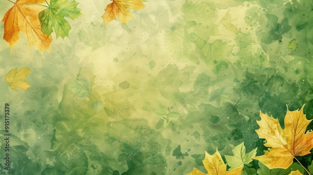 Poster a watercolor painting depicting a cloudy day, with green and yellow leaves falling and resting on a 