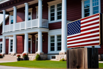 Fototapeta premium american flag carved wooden sign front small town hall