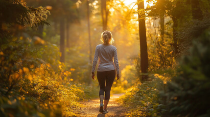 A woman walking on a forest path at sunset, bathed in golden light, representing tranquility, nature, and peaceful solitude.