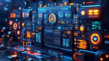 Fototapeta premium A sophisticated 3D render of a PPC advertising platform, integrating various metrics and bid strategies, high-contrast colors, elegant design, user-friendly layout, dynamic elements,