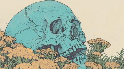 A striking surreal illustration showcasing a turquoise skull partially buried in vibrant yellow flowers, creating a compelling contrast between life and death in a unique, detailed artistic style.