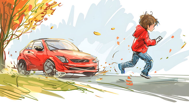 A boy is crossing the road looking at his cell phone, Generative AI