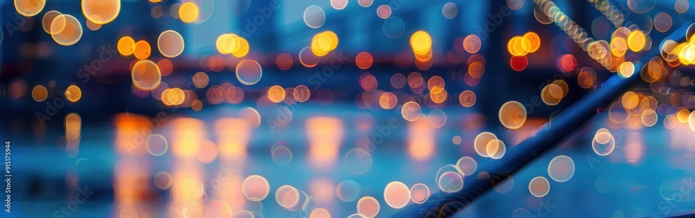 Aufkleber a blurry, close-up photograph of bright lights reflecting on the surface of water. the lights are ou