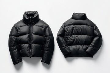 Two black puffer jackets isolated on white background