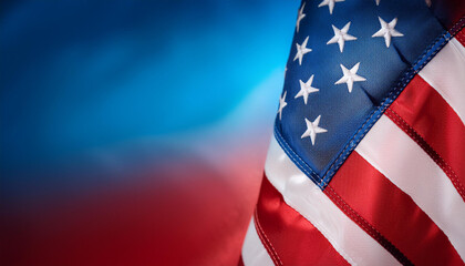 Close-Up of American Flag with Soft Blue and Red Gradient Background Symbolizing Patriotism, Freedom, and National Pride USA