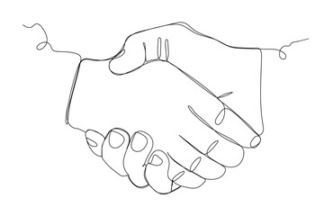 Continuous single line drawing of businessmen shaking hands. Handshake, agreement, introduction banner hand drawn with single line. Business handshake line art vector illustration.