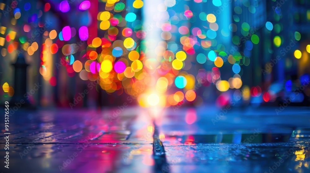Poster a close-up shot of a wet sidewalk at night, with a blurred background of colorful street lights refl