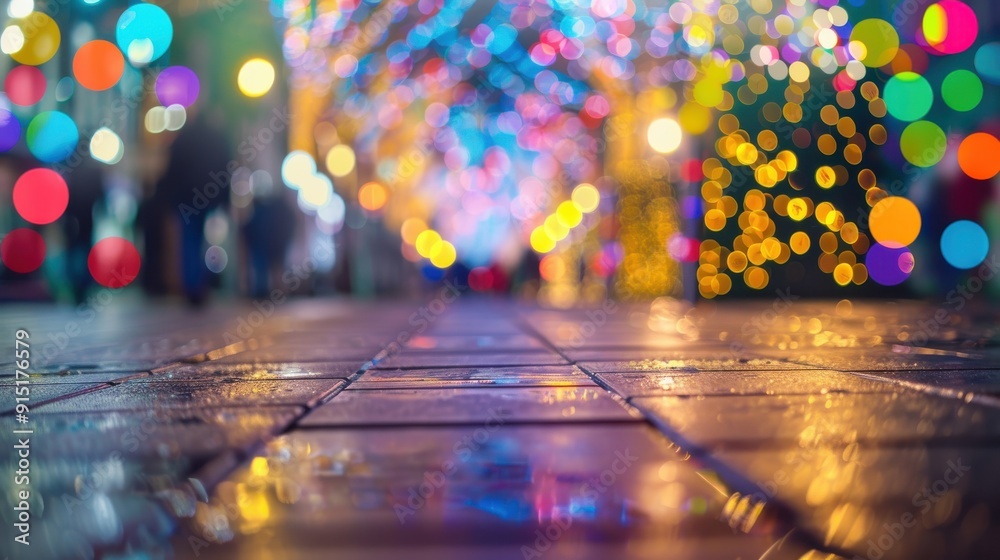 Poster a close-up view of wet pavement in a city street at night. the pavement is tiled and reflects the co