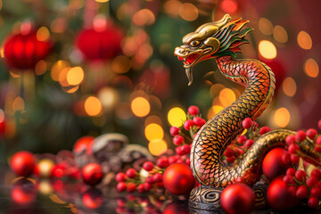 Fototapeta premium Chinese dragon against a red background with a festive New Year's Eve atmosphere. Ancient bronze statue of a snake surrounded by red balls and blurred background. 