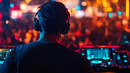 Naklejka premium Nightlife scene with DJ spinning music at a packed club 